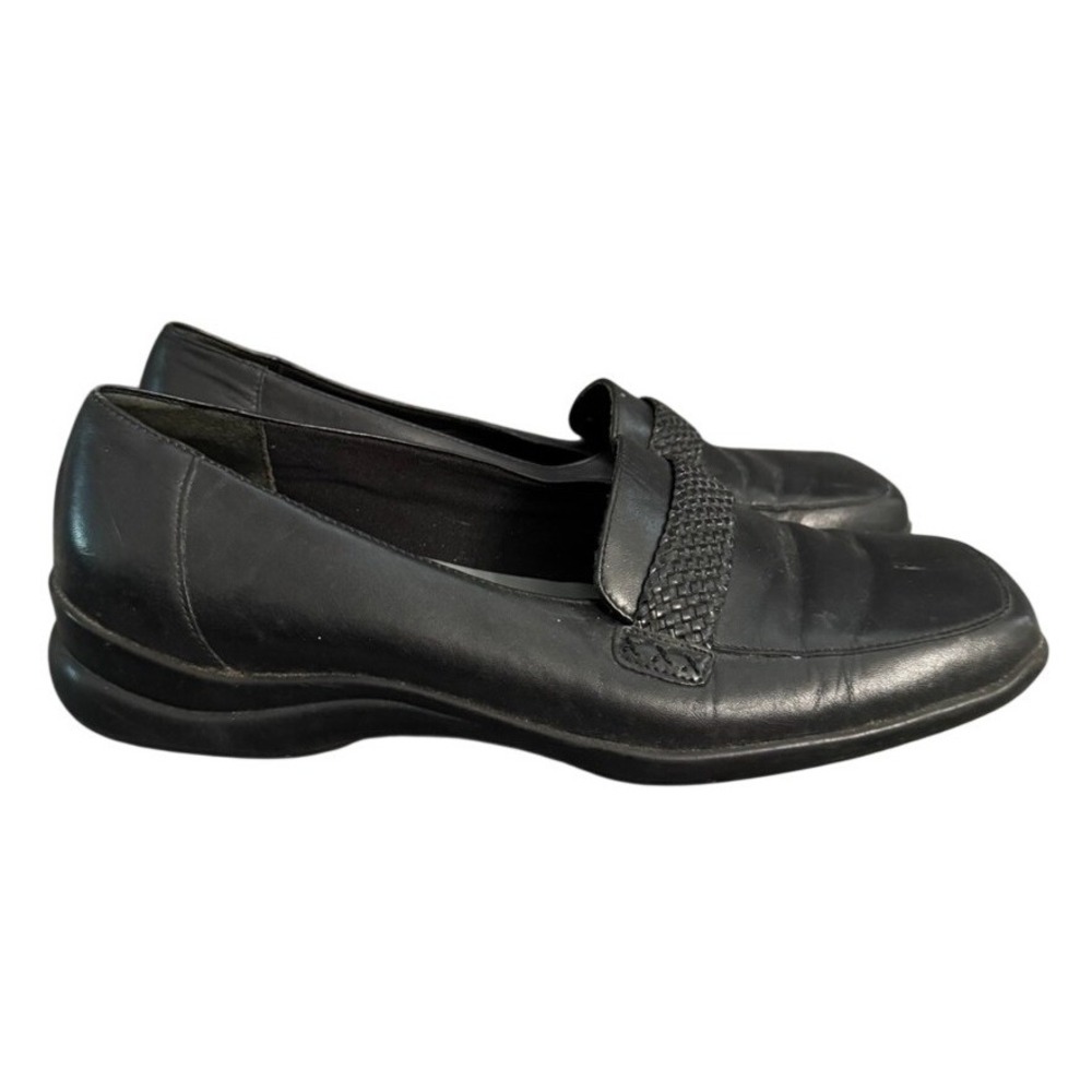 Trotters Womens Black Leather Square Toe Woven Strap Loafers Low Wedge Shoes 9